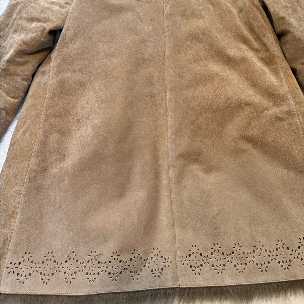 🌻Vintage 90s Y2K Faux Fur Lined DB Studio Tan Leather Penny Lane Vibes Coat✨ - Picture 10 of 16